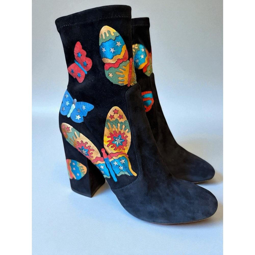 Valentino Boots Garavani Japanese Butterfly Suede Block-Heel Booties EU 37 US 7